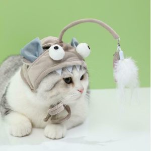 Cat Plushies: Dino Cat Toy & Feather, Grey Bigeye Fish Design