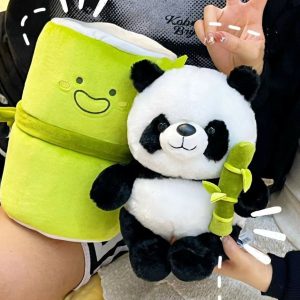 Panda Plushies Panda Pillow with Simulated Bamboo Tube Flower Design