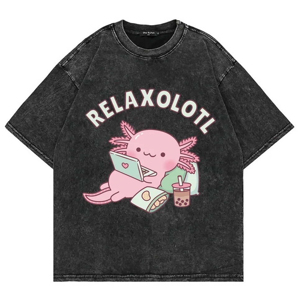 Axolotl Tshirt - 100% Cotton, Washed Style, Acid Relaxolotl, Anime Vintage Tee