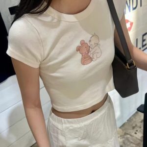 Beige Coquette Bear Baby Tee - Y2K Clothing