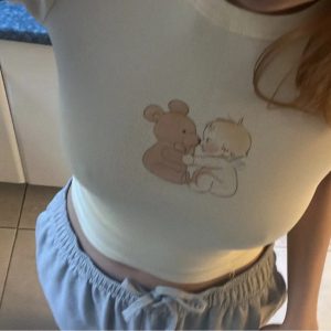 Beige Coquette Bear Baby Tee - Y2K Clothing