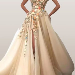Beige Enchanted Forest Floral Prom Dress, Ball Gown, Floor Length