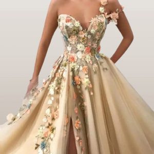 Beige Enchanted Forest Floral Prom Dress, Ball Gown, Floor Length