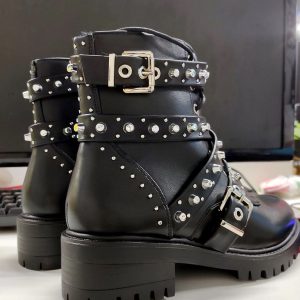 Black Ankle Buckle Strap Rivet Shoes - Y2K Fashion