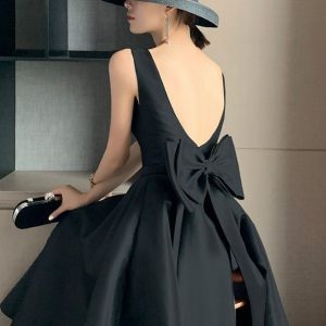 Black Bow Back Evening Gown | Backless Tea-Length Satin Party Dress