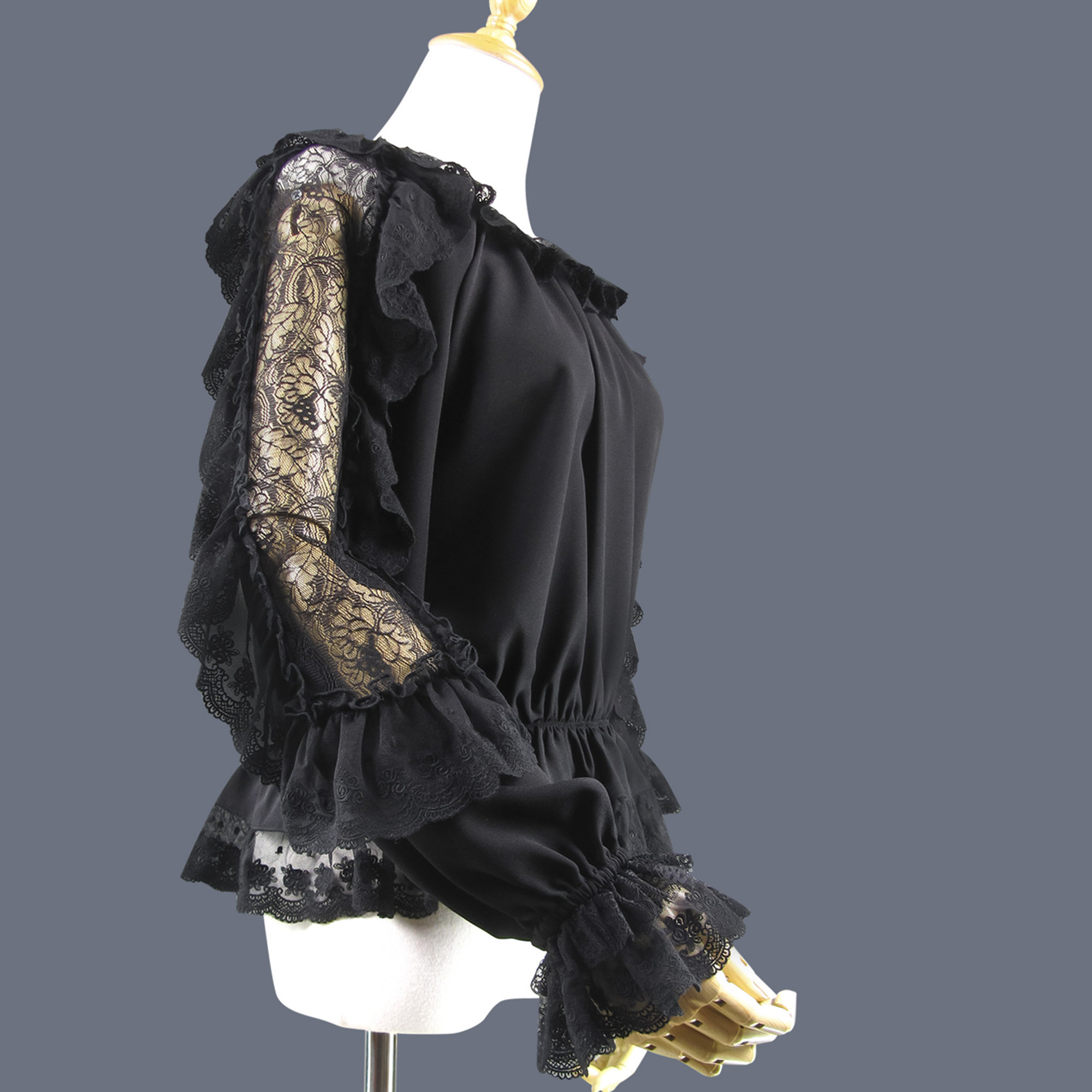 Black Chiffon Hollow Sleeve Lolita Lace Ruffle Women Shirt