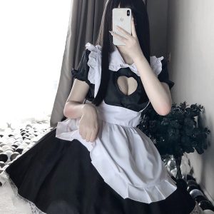 Black Cosplay Maid Dress with Choker - Y2K Clothing