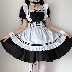 Black Cosplay Maid Dress with Choker - Y2K Clothing