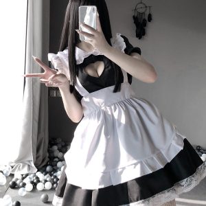 Black Cosplay Maid Dress with Choker - Y2K Clothing