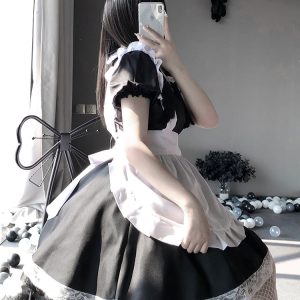 Black Cosplay Maid Dress with Choker - Y2K Clothing