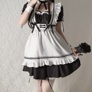 Black Cosplay Maid Dress with Choker - Y2K Clothing