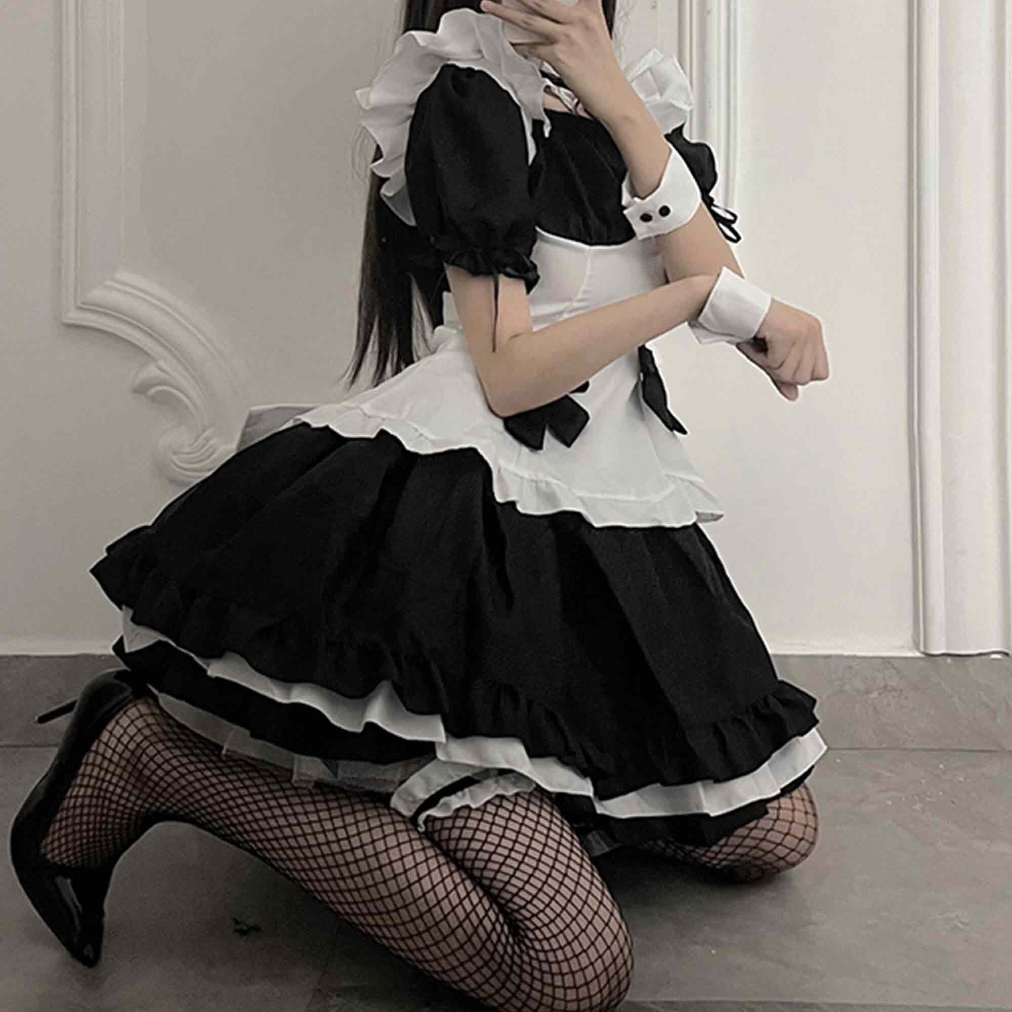 Black Cosplay Maid Dress with Choker - Y2K Clothing