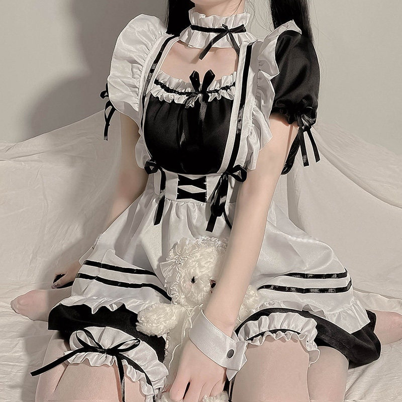 Black Cosplay Maid Dress with Choker - Y2K Clothing