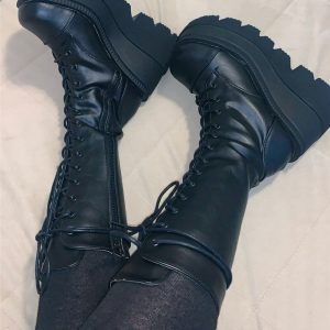 Black Emo Wedge High Heel Punk Boots