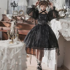 Black Goth Puff Sleeve Dress for Y2K Fashion