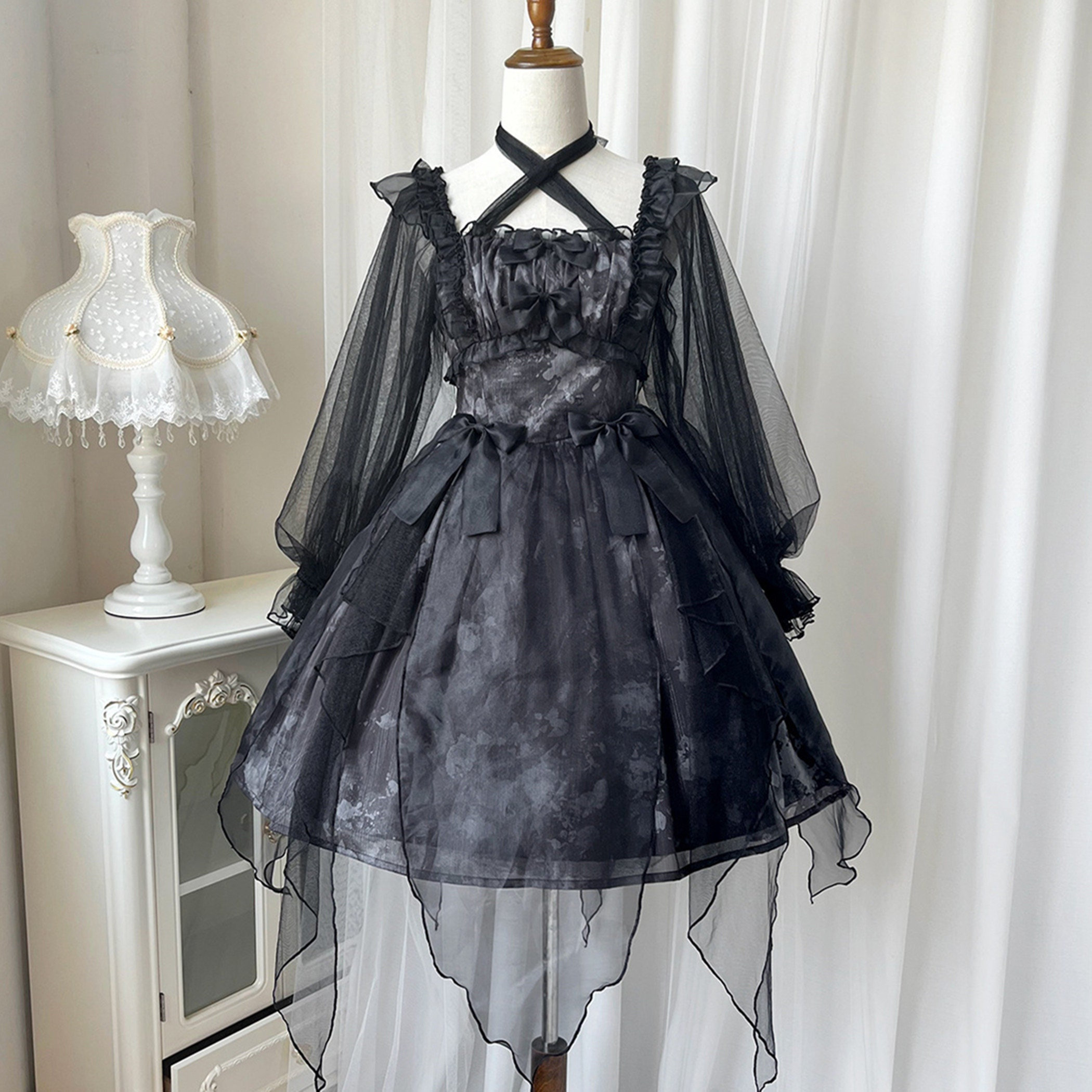 Black Goth Puff Sleeve Dress for Y2K Fashion