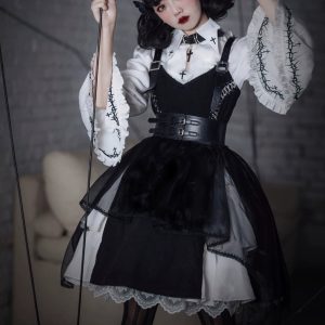 Black Gothic Lolita Dress with Belt - Y2K Clothing