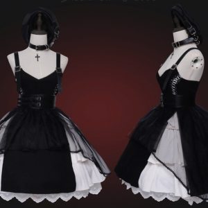 Black Gothic Lolita Dress with Belt - Y2K Clothing