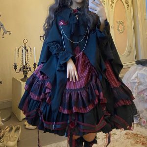 Black Gothic Lolita Party Costume Dress with Cape