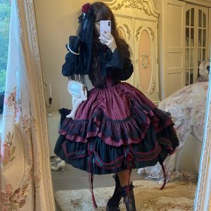 Black Gothic Lolita Party Costume Dress with Cape