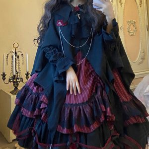 Black Gothic Lolita Party Costume Dress with Cape