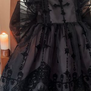 Black Gothic Ruffle Dress with Lace Babydoll Detail