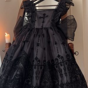 Black Gothic Ruffle Dress with Lace Babydoll Detail