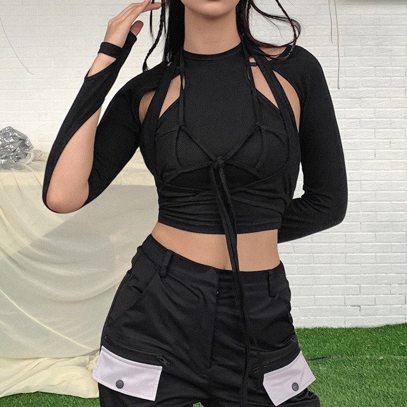 Black Gothic Two-Piece Crop Top with Bandage Ties