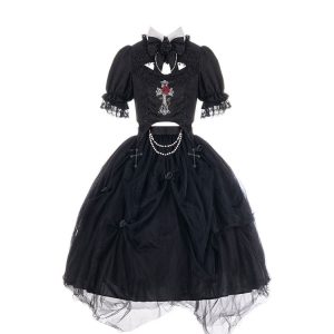 Black Lace Gothic Lolita Party Dress - Y2K Clothing