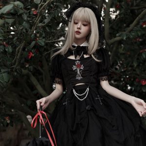 Black Lace Gothic Lolita Party Dress - Y2K Clothing