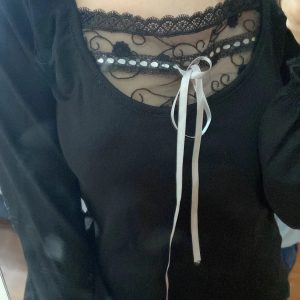 Black Lace Long Sleeve Top - Y2K Clothing Fashion