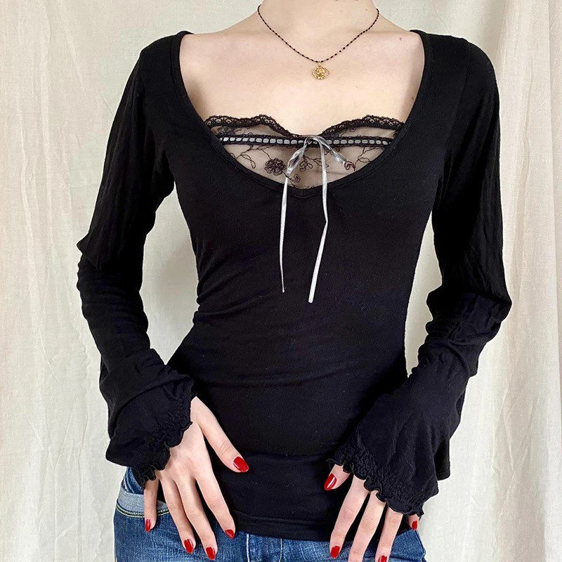 Black Lace Long Sleeve Top - Y2K Clothing Fashion