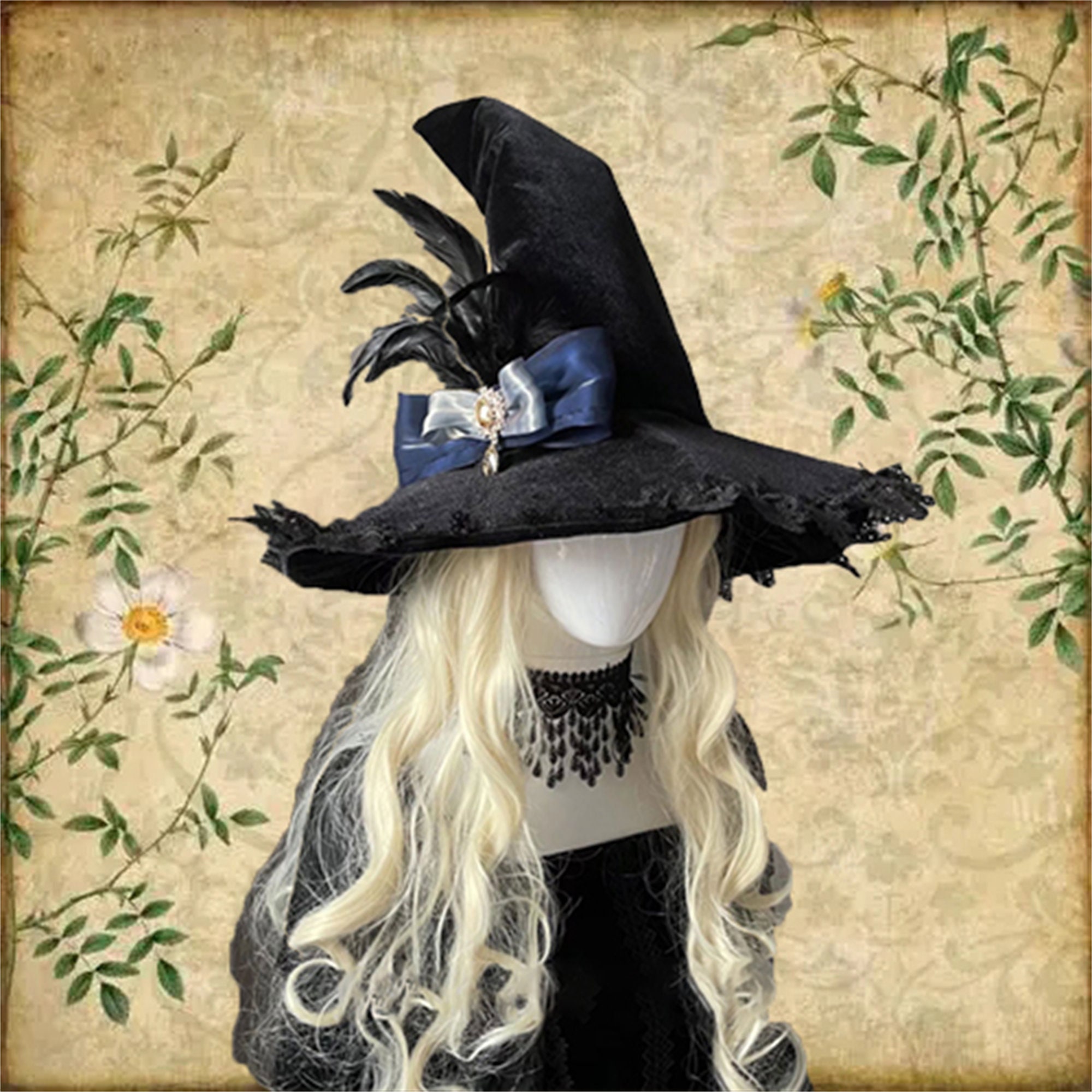 Black Lace Witch Hat with Bow - Y2K Clothing