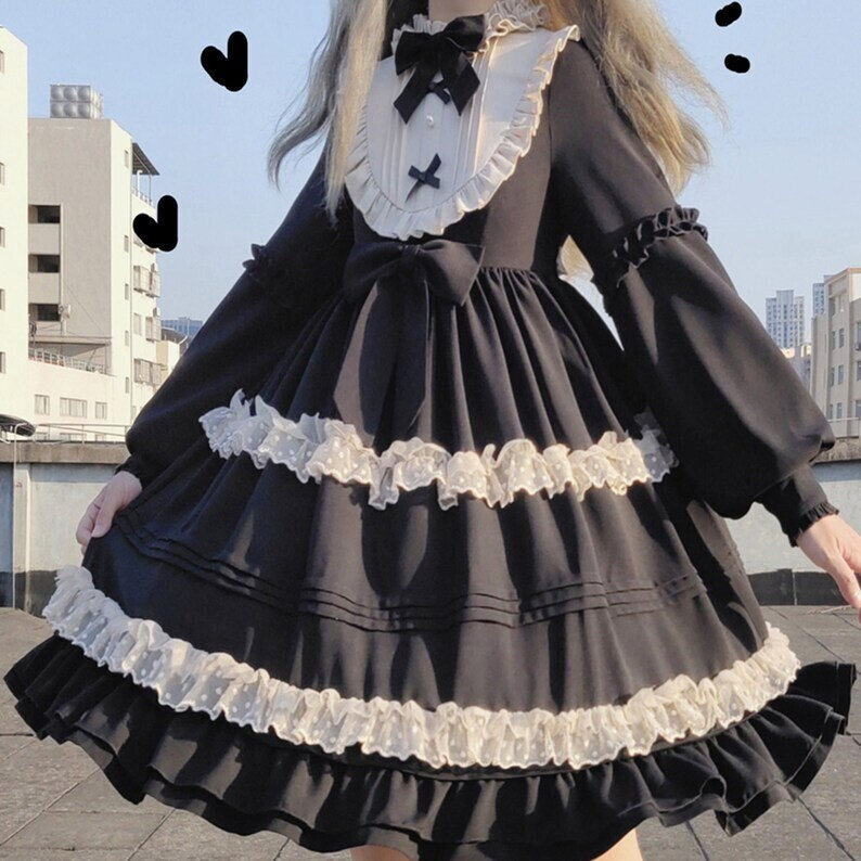 Black Lolita Dress with Bowknot and Ruffle Collar