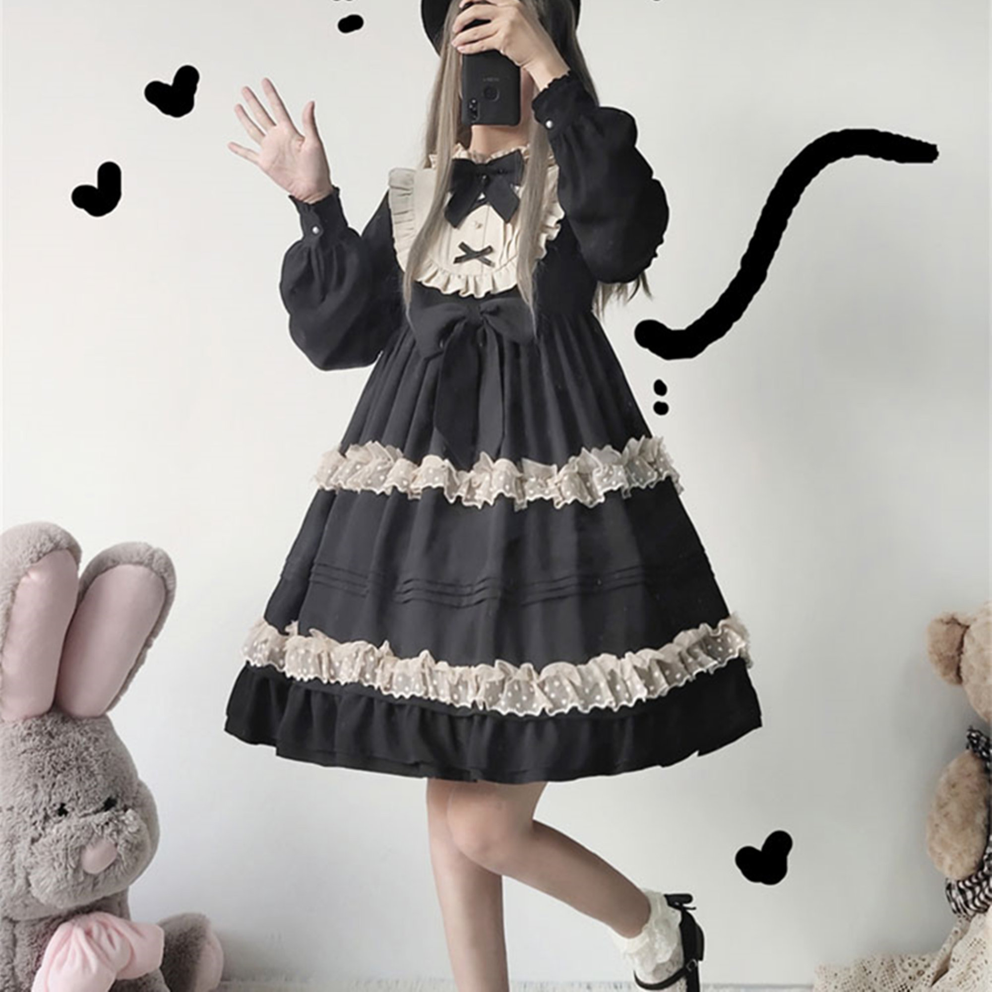 Black Lolita Dress with Bowknot and Ruffle Collar