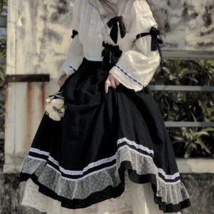 Black Lolita Dress with Ruffle Collar - Y2K Clothing