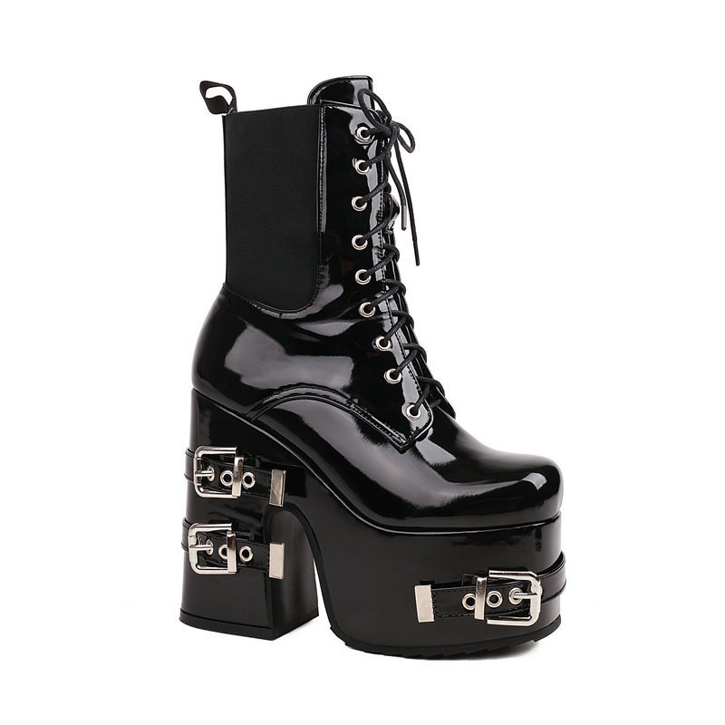 Black Matte Faux Leather Combat Heels with Side Zipper and Chains