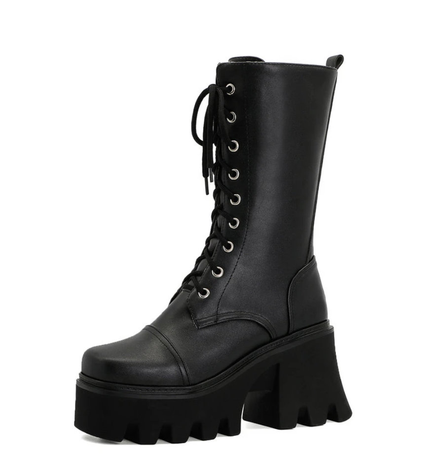 Black Platform Combat Boots with Side Zipper - Y2K Fashion