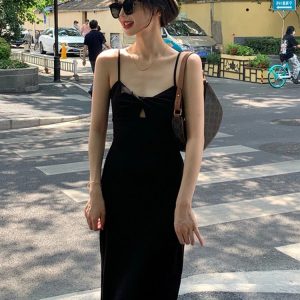 Black Tea Length Party Dress for Summer Gatherings