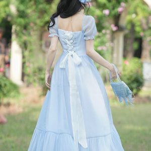 Blue Chiffon Y2K Fairy Puff Sleeve Princess Dress