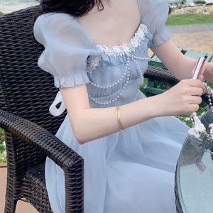 Blue Chiffon Y2K Fairy Puff Sleeve Princess Dress