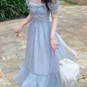 Blue Chiffon Y2K Fairy Puff Sleeve Princess Dress