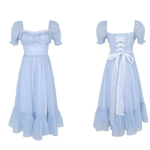 Blue Chiffon Y2K Fairy Puff Sleeve Princess Dress