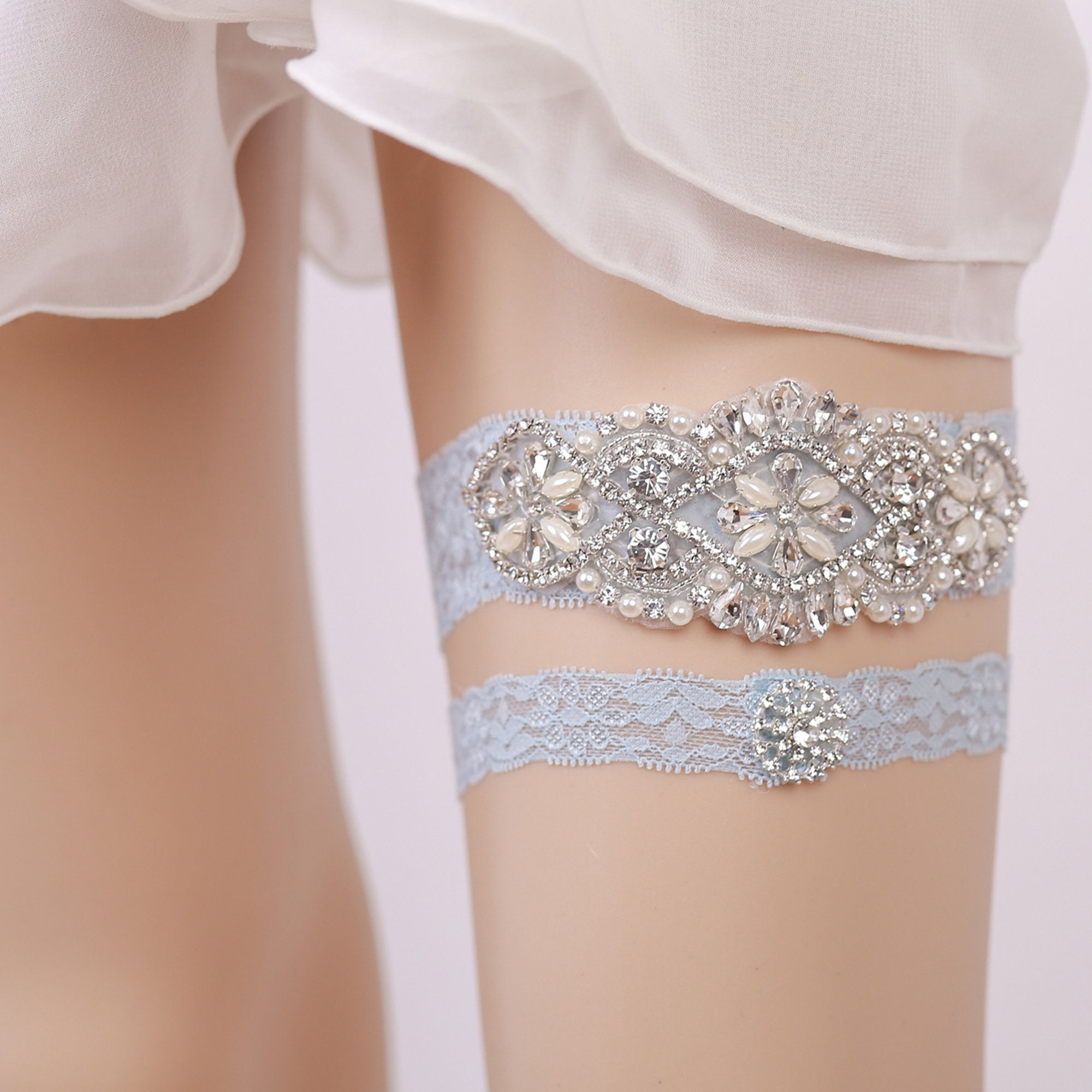 Blue Crystal Lace Thigh Wedding Garter with Pearls