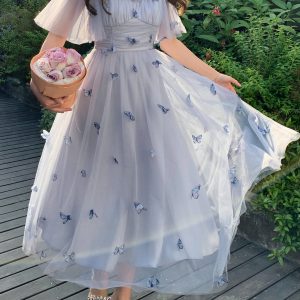 Blue Fairy Dress with Butterflies | Romantic Midi Elegant Princess Dress