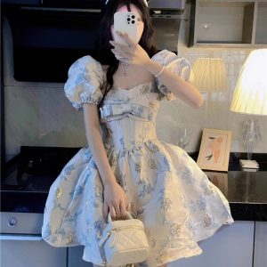 Blue Floral Puff Sleeve Mini Dress for Women