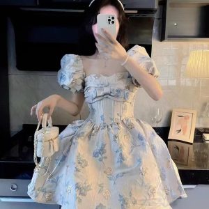 Blue Floral Puff Sleeve Mini Dress for Women