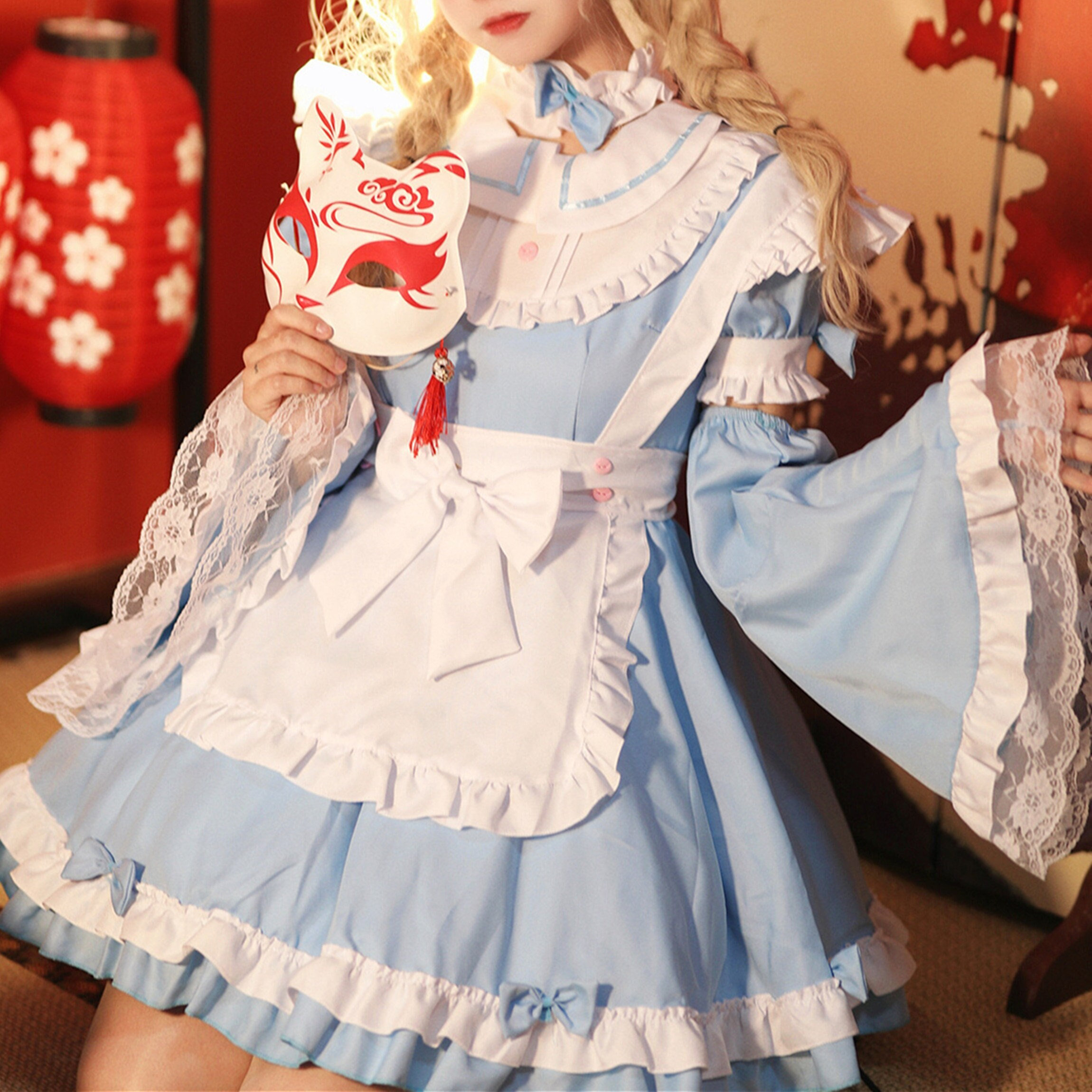 Blue Lace Gothic Maid Cosplay Costume Dress