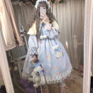 Blue Lace Lolita Party Dress with Cape - Y2K Clothing