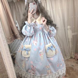 Blue Lace Lolita Party Dress with Cape - Y2K Clothing